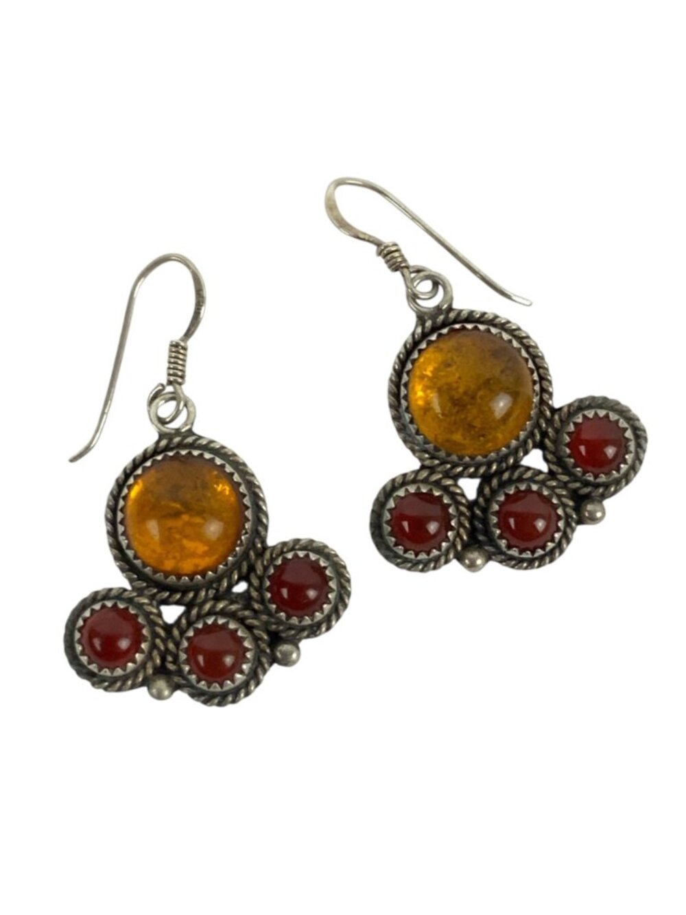 Sterling Silver Amber & Carnelian Dangle Earrings With Rope Detail Southwestern